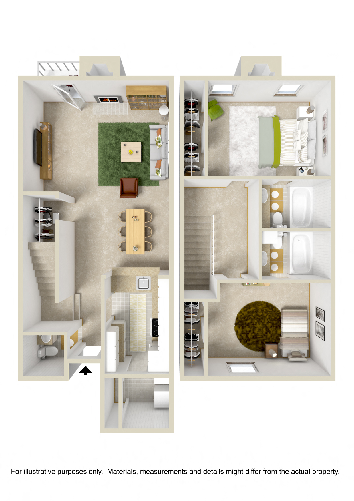 Floor plan for 2 beds, 2.5 baths, 1160 sqft